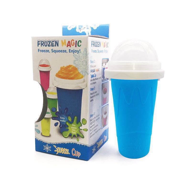 Blue Slushy Maker Squeeze Cup with packaging on a white background
