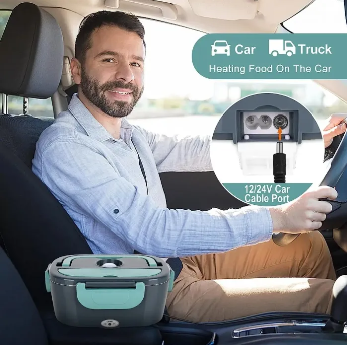 Man driving a car with a portable food heater in the foreground, promotional graphic for car and truck heating food.