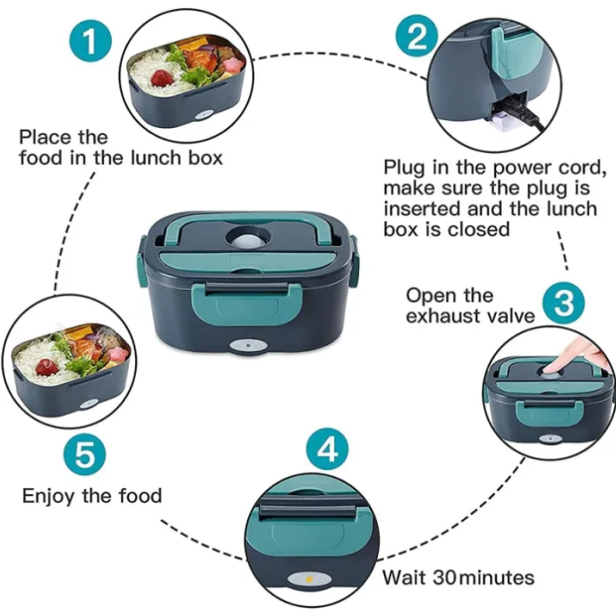 Instructions for using a heated lunch box with images and text.