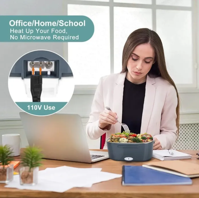 Woman eating from a portable food warmer lunch box at a desk with text about its use in office, home, or school.