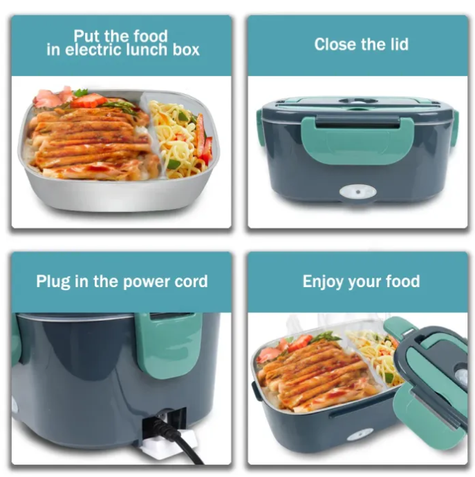 Step-by-step guide on using an electric lunch box with food inside.