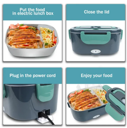 Step-by-step guide on using an electric lunch box with food inside.