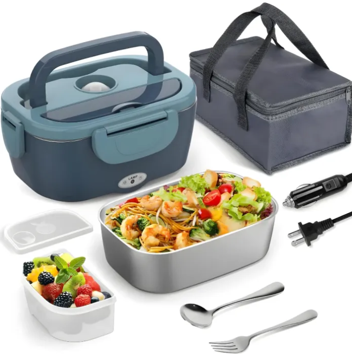 Electric Lunch Box set with food containers, utensils, and power adapter on a white background