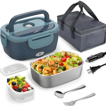 Electric Lunch Box set with food containers, utensils, and power adapter on a white background