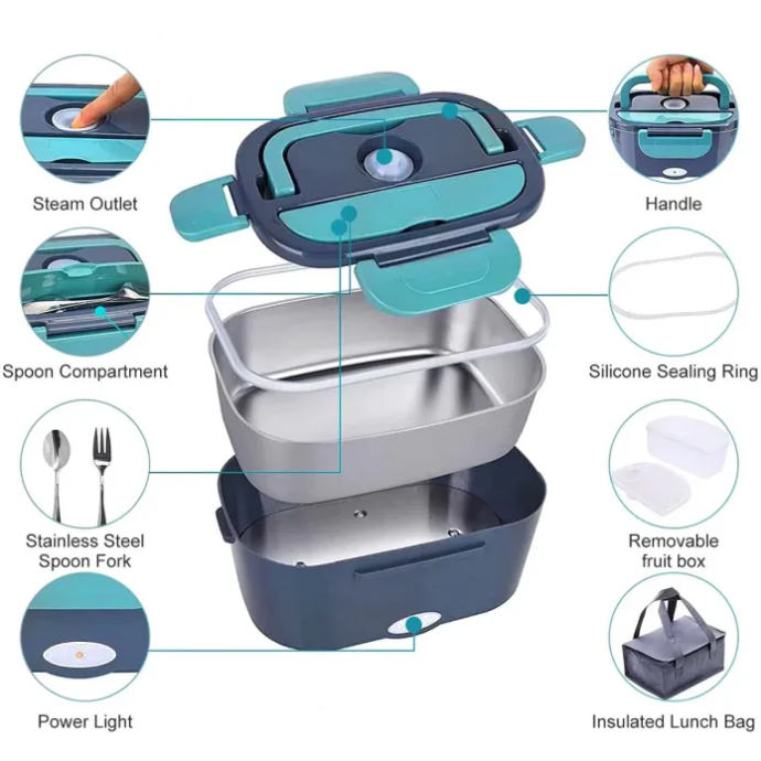 Multifunctional Electric Lunch Box food container with labeled parts on a white background